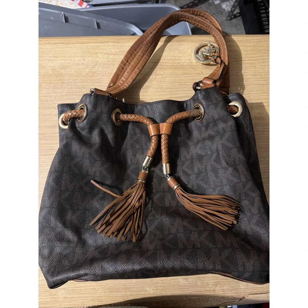 Michael Kors Leather Tote Bag Brown All-Over Logo Pattern Shoulder Handbag